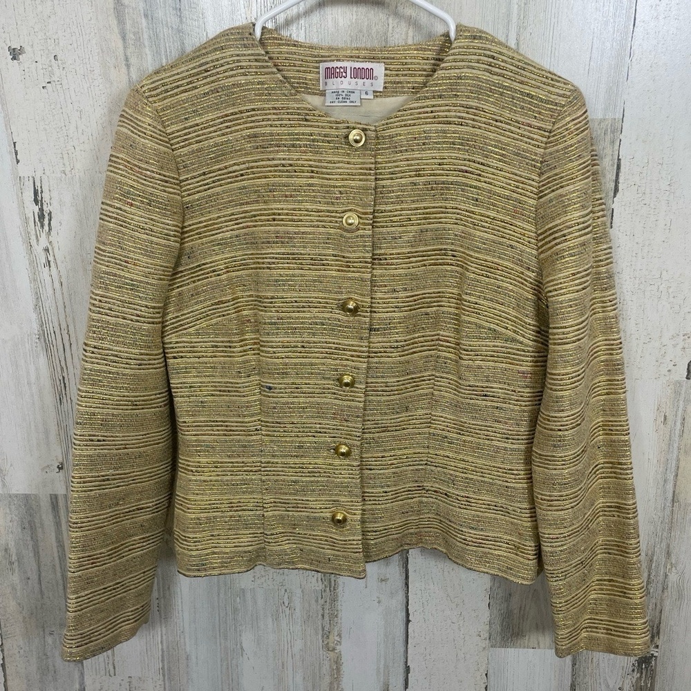 MAGGY LONDON Vintage Gold‎ Striped Textured Metallic Blazer size 6 Holiday Party